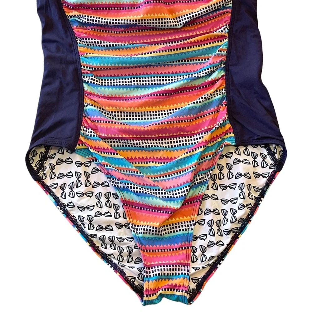 Anne Cole Stripe One Piece Bandeau Swimsuit Sz 10 Triangle Side Multicolor - Picture 5 of 14